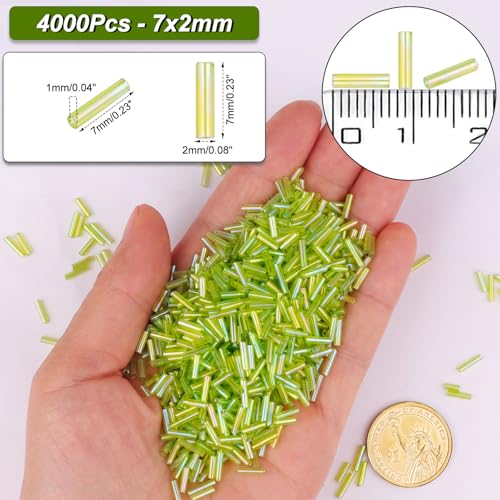 4000 Pcs Iridescent Light Green Glass Bugle Beads, 2 x 7 mm Embroidery Beads, Small Long Tube Seed Beads for Embroidery Craft Jewelry Making - color: Iridescent Light Green