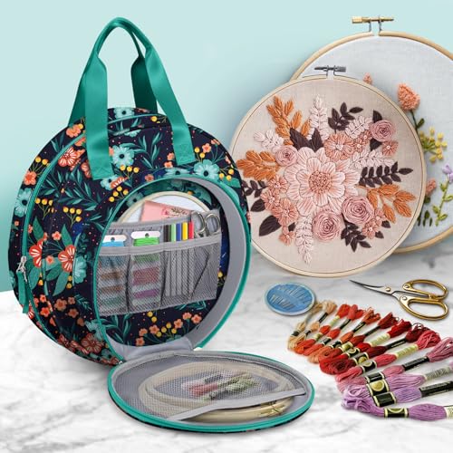 FINPAC Embroidery Project Bag, Embroidery Kits Storage Carrying Tote Bag - color: Navy Bloom