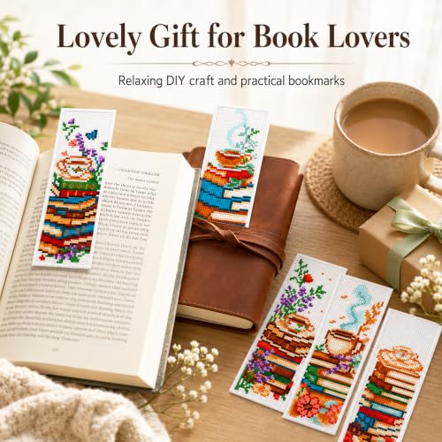 Zhenqing Books and Coffee Stamped Cross Stitch Bookmark Kit, 5 Cozy Reading Designs for Adults and Beginners, Book Lover Gift - color: Books and Coffee Bookmark