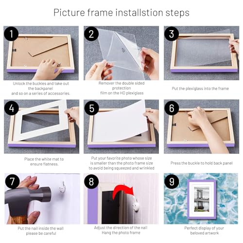 9x12 Picture Frames - Solid Wood Frame for 6x8 or 5x7 Photos with or without Mats for Wall Mounting or Table Display (Purple) - color: Purple, size: 9x12 inch