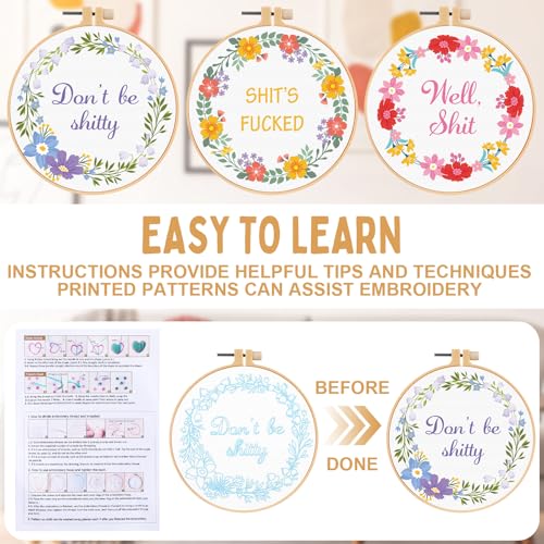 Daifunli 3 Sets Funny DIY Embroidery Kits for Beginners Adults - style: Floral