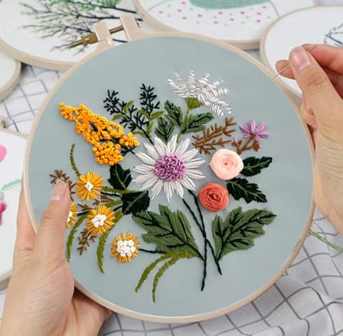 Huacan Embroidery Kits for Adults Beginner Stamped Flowers Pattern 4 Pcs DIY Cross Stitch Floral Stitching Sewing Kit 7.9 x 7.9 Inch (Flower 4) - color: Flower 4
