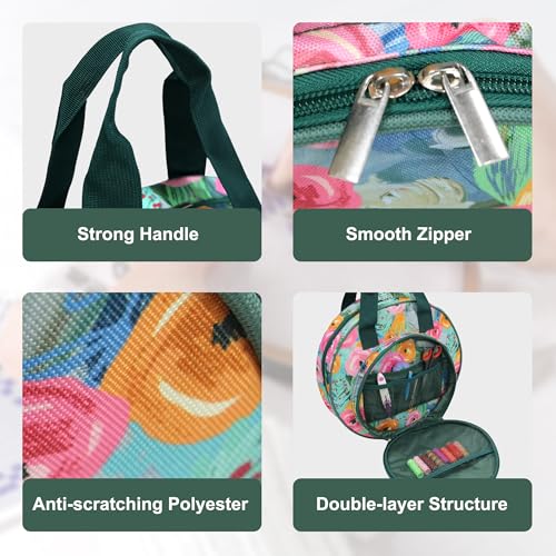 Round Embroidery Project Bag, Tote for Hoops, Floss&Sewing Supplies - color: Green Floral
