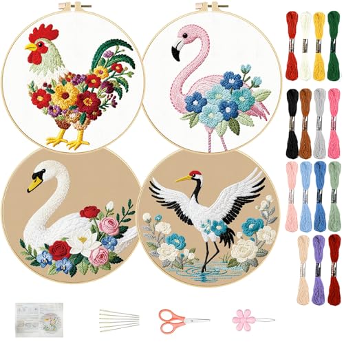 FREEBLOSS 4 Set Embroidery Kit Animals Pattern Stamped Embroidery Starter Kit with Step by Step Instructions, Colored Threads, 2 Hoops, Needlepoint Kits for Hand Craft Lovers Gift, 30cm/11.8inch - style: Birds&Flowers