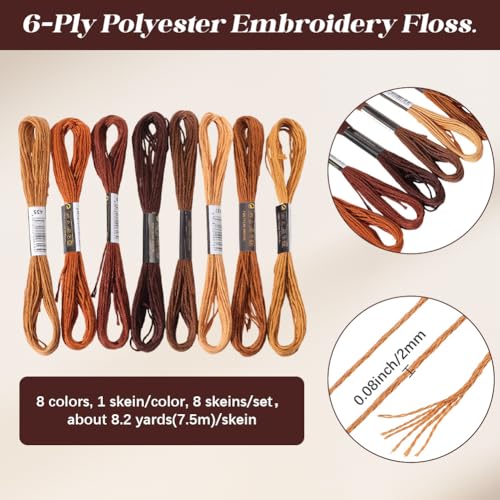 8 Skeins 6 Strands Brown Embroidery Floss Threads Polyester Variegated Gradient Friendship Bracelet String Cross Stitch Thread Bulk for Jewelry Making Hand Sewing Knitting Stitching Crafts - color: Brown
