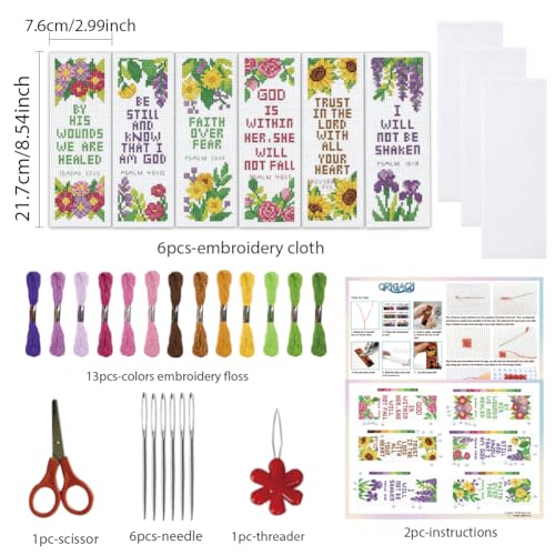 ORIGACH 6 Set Floral & Inspirational Verse Cross Stitch Bookmark Kit - style: Flower & Inspirational Verse