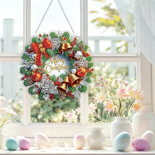 Christmas Wreath Diamond Art Hanging Kit for Adults, DIY Diamonds Painting Door Hanger Board Kit, Special Acrylic Diamond Art Painting Pendant Ornament (Christmas Wreath) - color: Christmas Wreath