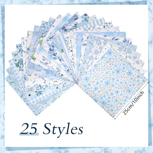 25 Pcs Blue Quilting Fabric Squares 10 x 10 Inch Cotton Precut - color: Blue Floral