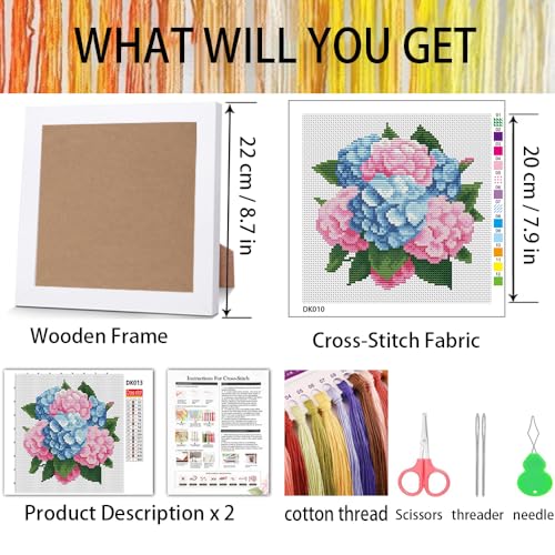 Hydrangea Stamped Cross Stitch Kits for Adult Beginner with Wooden Frame - color: Hydrangea Cross Stitch with Framed