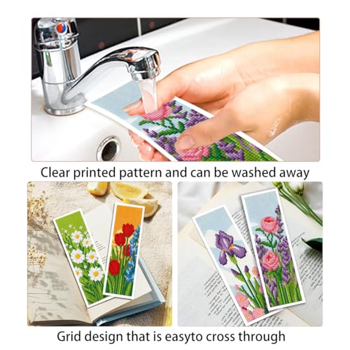 Zhenqing Floral Stamped Cross Stitch Bookmark Kit, 6 Garden Flower Designs on 11CT Fabric for Beginners, Book Lover Gift - color: 6 Garden Flower Bookmark