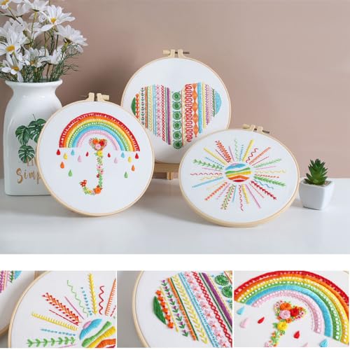 Konrisa Easy Embroidery Kit for Beginners Stamped Embroidery Starter Kit DIY Sewing Needlepoint Cross Stitch for Adults, Stitch Practice Kit 3 Embroidery Fabric Pattern - color: 3set lines