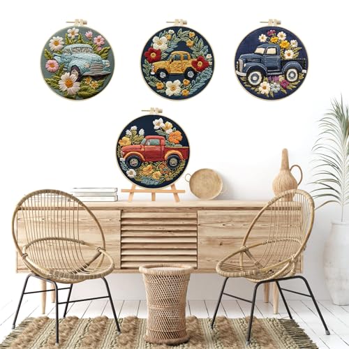 LB 4-Pack Colorful Truck Flower Embroidery Kit for Beginners: Cross Stitch Kit with Green Floral | Adults DIY Starter Kit Includes Embroidery Hoop, Colorful Threads, Tools and Instructions - color: Blue Red
