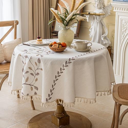 Joyfol Day Round Linen Tablecloth, Heavy Duty Waterproof Tablecloths, Farmhouse Embroidery Leaves Table Cloth with Tassels, Soft Wrinkle Free Table Cover, Coffee Vines, 55 inch - color: Coffee Vines, size: 55" (Round)