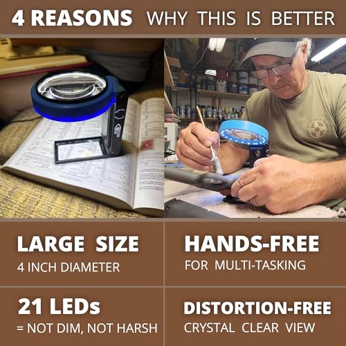 VisionAid 30X 10X Hands-Free Magnifying Glass with Stand, LED Lights, Loupe Handheld Illuminated Magnifier for Low Vision Seniors Reading - size: 4 inches