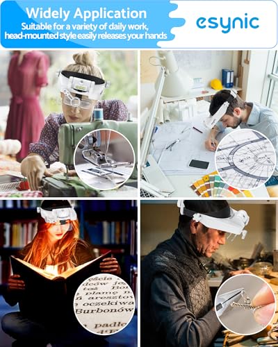 eSynic Type-C Rechargeable Magnifying Glasses Headset-Up to 14X Magnification with 5 Interchangeable Lense-3 LED Lights with 2 Adjustable Brightness Levels-Comfort & Fit Headband for Crafts/Reading
