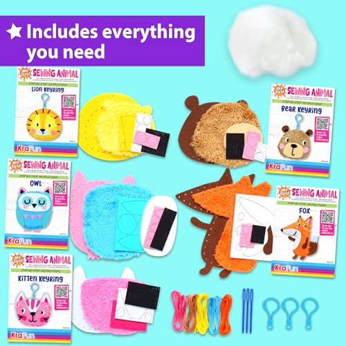 KRAFUN Animal Keyring Charm Sewing Kit Age 6+ | 5 Projects