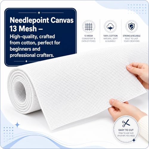 13 Mesh Needlepoint Canvas - 23.6" x 17.7" Blank Needle Point Canvas for DIY Embroidery and Needlepoint Projects, Easy to Cut for Coasters, Bookmarks, Ornaments and Craft Designs - color: White