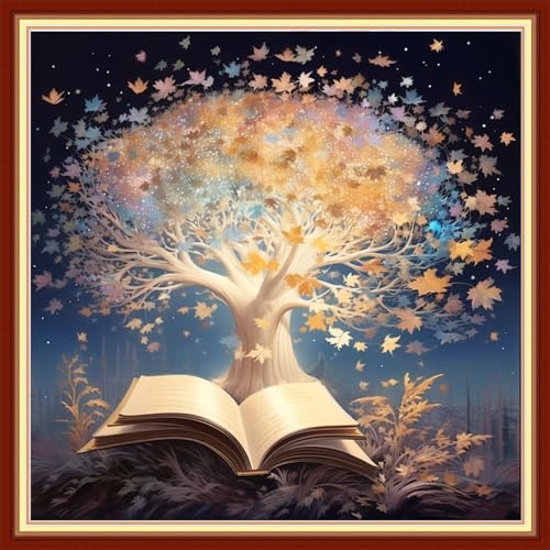 Findvoor Stamped Cross Stitch Kits for Beginners Full Range of Cross Stitching Embroidery Pattern for Adults, 11CT DIY Needlepoint Embroidery Starter Kits-Book Trees 17.7x17.7 inch - color: StampedKits 19
