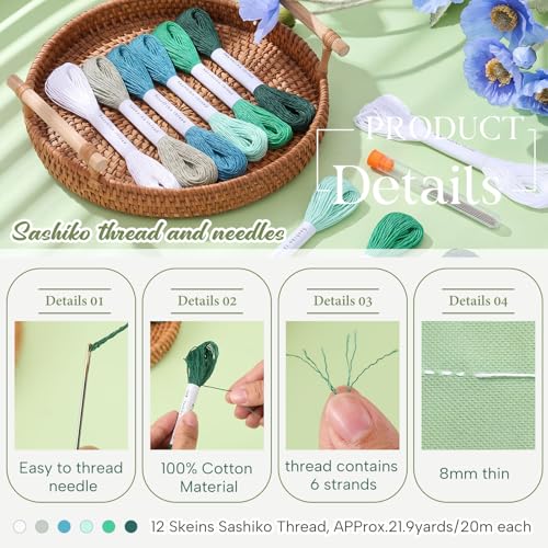 Zeyune 12 Pcs Sashiko Thread Kit with Needles, Green, 100% Cotton 20m Each - color: Green
