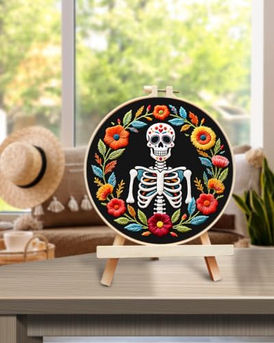 TINDTOP Embroidery Kit for Adult Beginners, Embroidery DIY Starter Kit, with Stamped Patterns, Hoop, Tools, Colorful Threads with Needles, Instructions (Skeleton A) - color: Skeleton A
