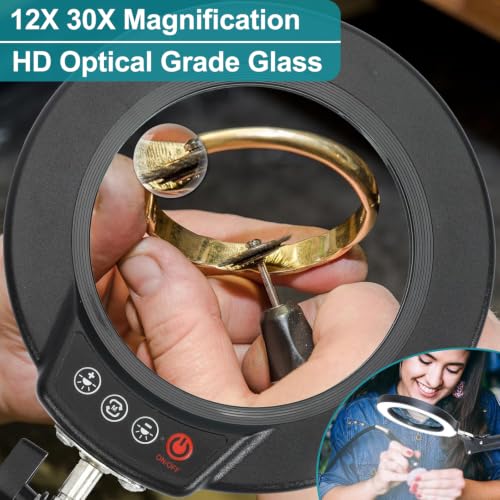 30X 12X Magnifying Glass with Light and Stand, Real Glass, 5 Color Modes, Brightness Stepless Dimmable Lighted Magnifier Hands Free, 2-in-1 Desk Lamp & Clamp Light, Magnifier Lamp for Close Work - color: Black, size: 30X 17.8inch Base & Clamp