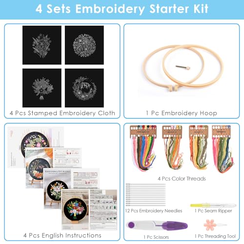 ERKOON 4 Sets Embroidery Kit, Floral Cross Stitch Set for Include Embroidery Cloth Hoops Threads for Craft Lover Hand Stitch(Floral) - color: Floral