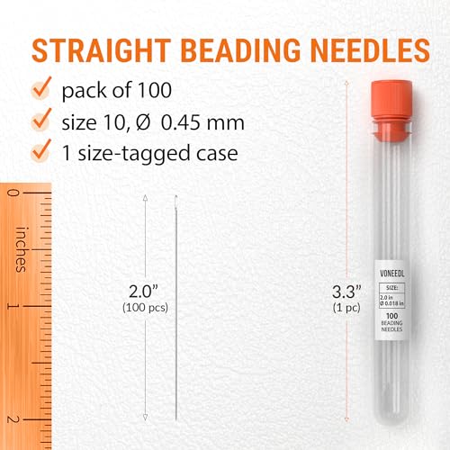 VONEEDL Premium Size 10 Beading Needles Pack - 100 pcs, 0.45 mm Diameter, 2-Inch Length, Includes Convenient Storage Tube - size: Size 10