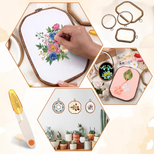 Oqqlin 9 Pcs Embroidery Hoop Frame, 4 Shapes Large Imitated Wood Cross Stitch Hoop Ring with Scissors Display Decorative Embroidery Hoops for DIY Arts, Crafts, Sewing, Hanging Ornaments Decor