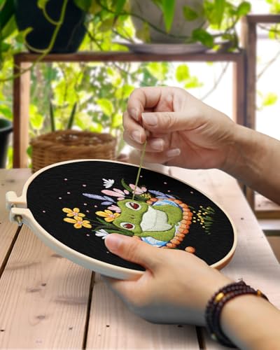 TINDTOP 2 Pack Embroidery Kit for Adult, Embroidery DIY Starter Kit, with Stamped Patterns, Hoop, Tools, Colorful Threads with Needles, Instructions (Frog) - color: Frog