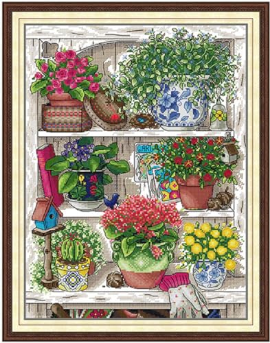 Aiorkeng Cross Stitch Kits Stamped Full Range of Embroidery Starter Kits for Adults Beginners DIY Needlepoint Kit 14CT 2 Strands -Printed kit Flower Shelf (Printed) 13.4×17.3 inches - color: Flower shelf44×56CM