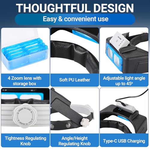 Magnifying Glasses with Light for Close Work, 1.5X-3.5X Headband Magnifier - color: Grey and Black