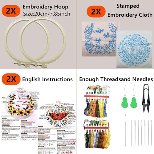 Allazone 2 Sets Embroidery Kit for Beginners, Stitch Practice Kits for Craft Lover Hand Stitch with Embroidery Fabric with Stamped Pattern, Starter Stitch Kits Suitable for Adults (Butterfly) - color: Butterfly
