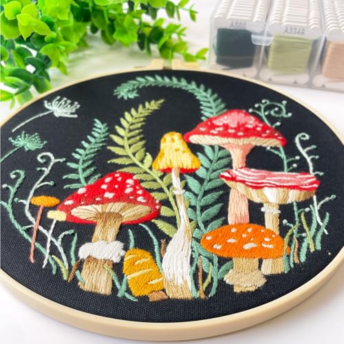 Silentsea Mushroom Embroidery Kit, Beginner Embroidery kit for Adults, Needlepoint Set Funny (Mushroom) - color: Mushroom