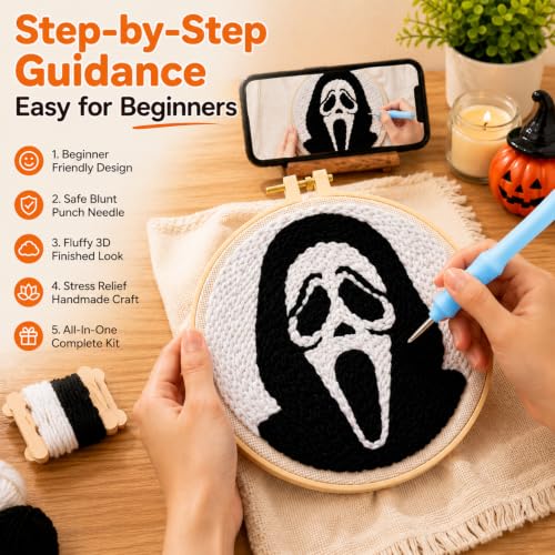 Punch Needle Kit for Beginners Adults-Grimace, with Embroidery Hoop - color: Punch Needle kit-Ghost Face