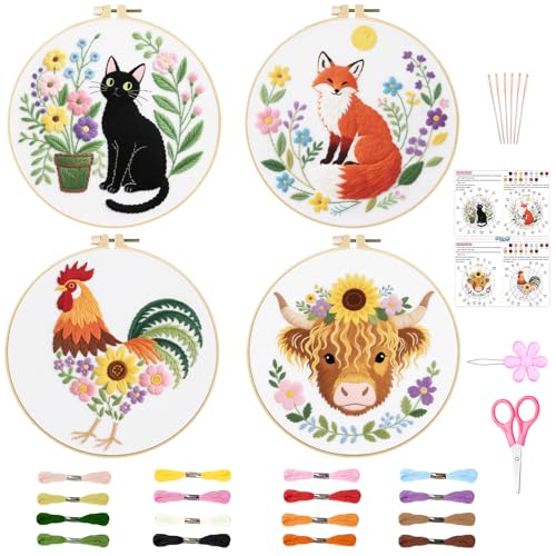 ORIGACH 4 Pcs Flower and Animal Embroidery Kit for Beginners - style: Flower & Animal