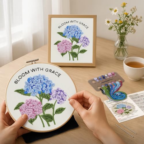 Nuberlic Hydrangea Embroidery Kits for Beginner Adults - color: Hydrangea