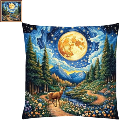 Fanxvivy Stamped Cross Stitch Kits for Adults Beginners Pillow Needlepoint Kit with Embroidery Pattern Needlework Kit Prestamped Stitches Kit 11CT Cross Stitching-Deer Under Starry Sky 18x18 inch - color: Pre-pattern 44