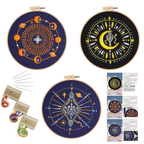 GLTAYLMY 3 Set Tarot Embroidery Starter kit with Patterns and Instructions, DIY Adult Beginner Cross Stitch Kits, Including 1 Plastic Embroidery Rings,Colored Threads and Needles - color: Tarot