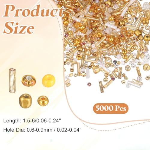 MECCANIXITY 5000 Pcs Mixed Glass Seed Beads, 1.5-6mm Mini Loose Glass Bugle Spacer Bead Embroidery Beads for DIY Craft Projects Earrings Necklaces Bracelets Jewelry Making, Gold - color: Gold