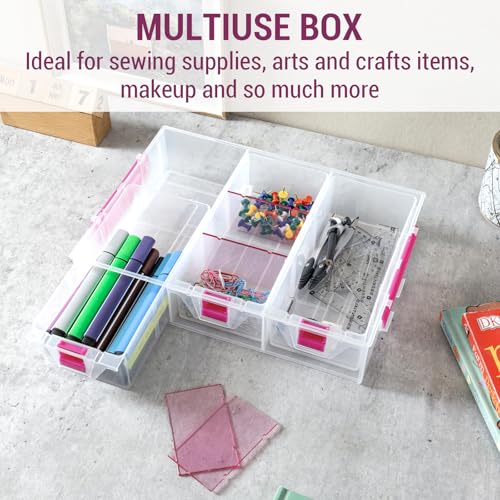 MyGift Stackable Single Tray Add-On for 11-Inch Clear Arts & Crafts Container, 9-Compartment Sewing Supplies Organizer with Removable Dividers for Craft Storage, Includes 3 Drawers - color: Clear & Pink (Add on Tray Only)
