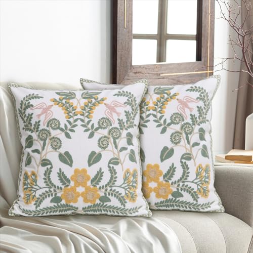 Set of 2 Embroidered Decorative Throw Pillow Covers Couch Square Pillowcases Cushion for Bedroom Sofa Farmhouse Decor 18x18 Inch (Flower-A) - color: Flower-a