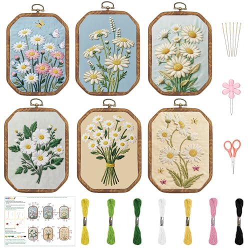 INFUNLY 6 Pack Octagon Daisy Embroidery Starter Kit 7.9×5.9inch Vintage DIY Embroidery Kits for Adults Stamped Needlepoint Set with Step-by-Step Instructions Colorful Threads Craft Lover Gift - style: Vintage Daisy