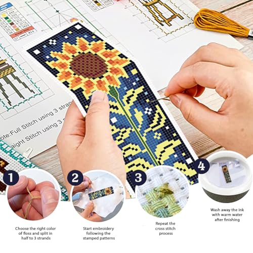 FREEBLOSS 6 Set Cross Stitch Bookmark Kit 11 CT Stamped Cross Stitch Kit DIY Embroidery Bookmark Kits for Adult Beginners with Instructions, Brightly Flowers Pattern, 6 x 20 cm/8" x 2.4" - style: Bright Edged Flowers