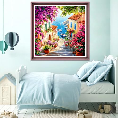 Funchey Counted Cross Stitch Kits for Adults Needlepoint Kits Unprinted Cross Stitching Embroidery Kit 11CT Cross Stitch Supplies-Seaside Town Flower Street 18x18 inch - color: ArtsKits03