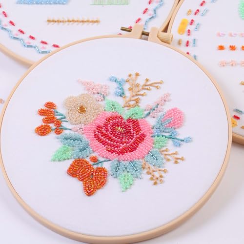 Harimau Bead Embroidery Kit for Adults, with Red and Pink Flowers, DIY Kit Includes Embroidery Beads, Thread, Stitch Book & Tambour Tools, Perfect Set for Starters - color: Orange