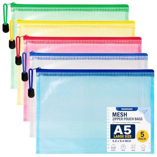 MAQIHAN Mesh Zipper Pouch Bags - A5 Clear Zipper Pouches for Organizing - size: 6.8 x 9.4 Inch