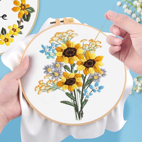 ERKOON 3 Sets Embroidery Kit, Floral Cross Stitch Set for Include Embroidery Cloth Hoops Threads for Craft Lover Hand Stitch (Sunflower) - color: Sunflower