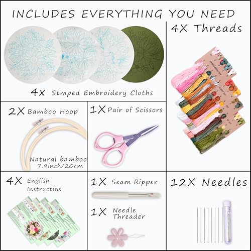 Bonroy 4 Sets Embroidery Set for Beginners, Art Craft, Easy Sewing Embroidery Kit Includes Embroidered Clothes with Patterns, Embroidery Hoops, Instruction Manual, Color Stitch Set (3) - color: Sunflower