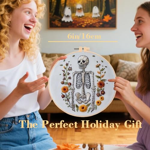 Floral Witch Hat Embroidery Kit Halloween Cross Stitch Material Set with Bat Skull Flower Pumpkin Patterns, DIY Hand Needlepoint Embroidery Craft Kit for Beginners Professional (Spooky Skeleton) - color: Spooky Skeleton