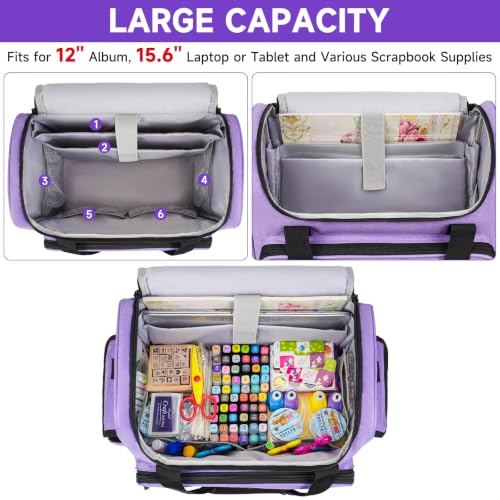 Craft Bag for Scrapbook Supplies, Large Scrapbook Tote with 15.6'' Laptop Sleeve, Art Supply Storage Bag with Multiple Pockets for Scrapbooking Tools, Purple - color: Purple, size: Without Trolley